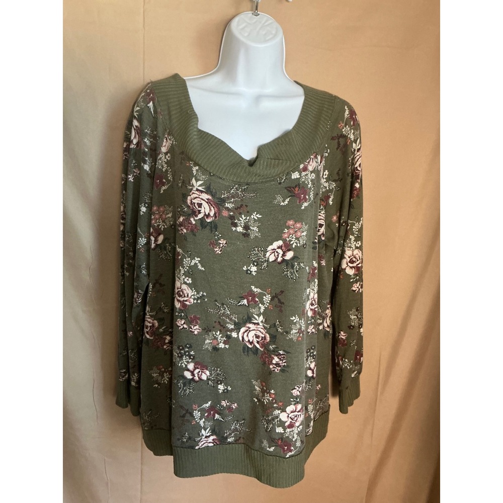 Tempted Los Angeles Floral Sweatshirt Womens 2X Green Good Ribbed Scoop Neck